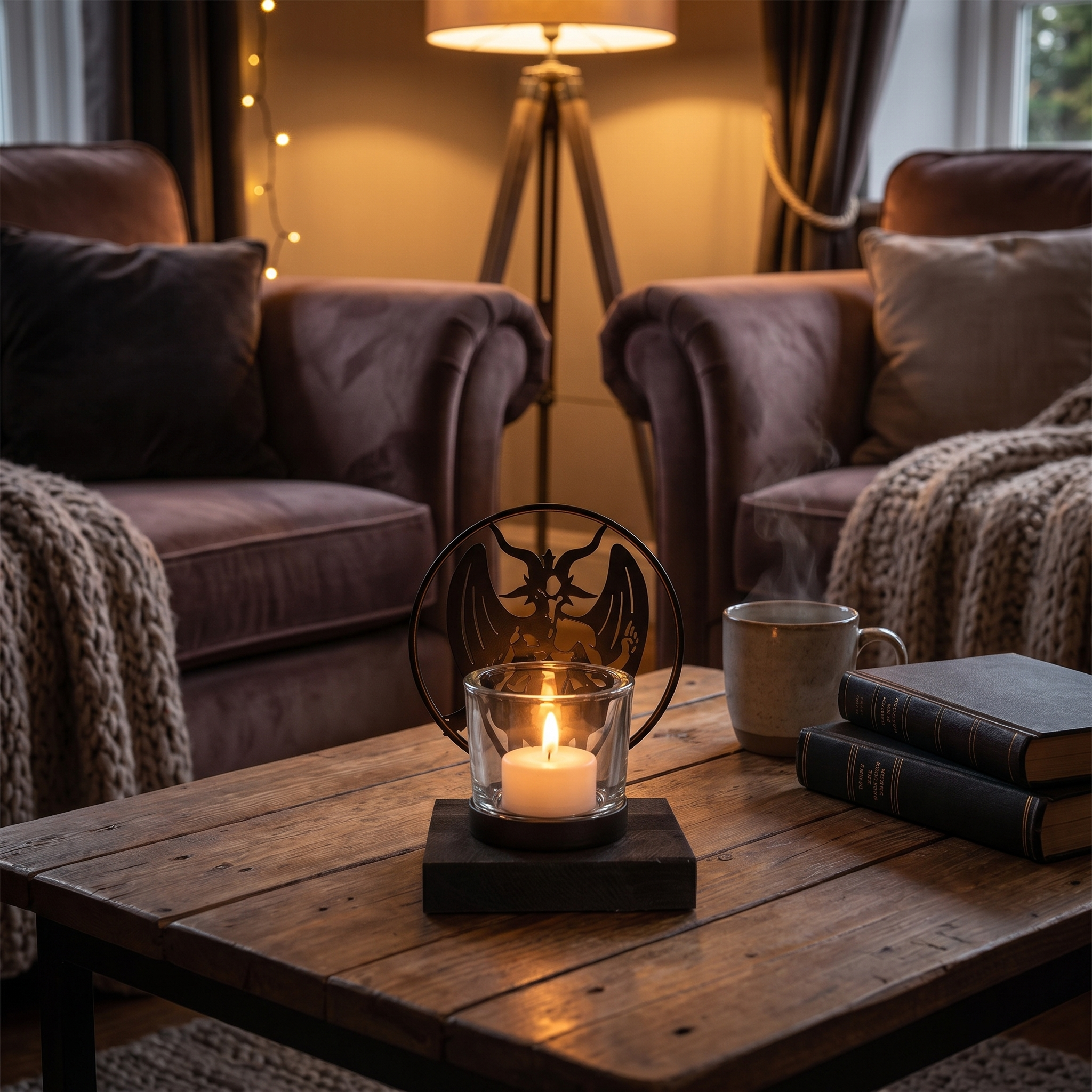 Baphomet Tealight Guardian in home setting - Persephone