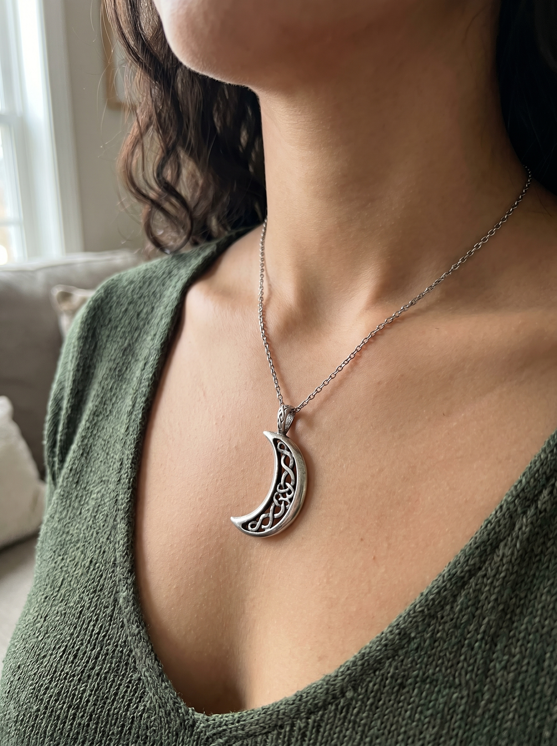 Celtic Moon Amulet in home setting - Persephone