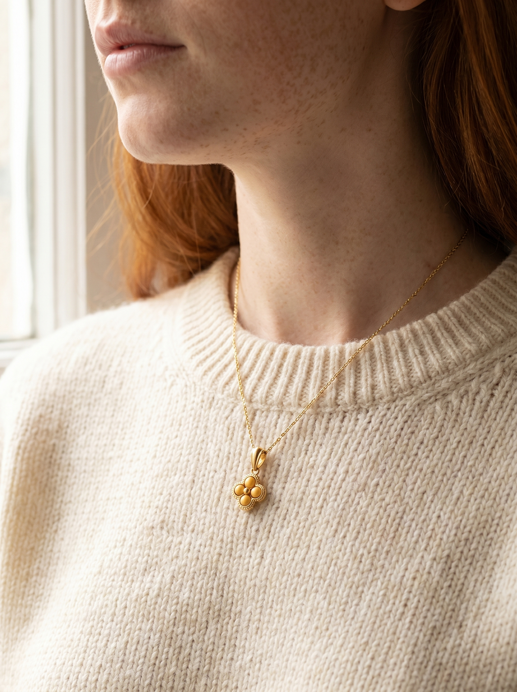 Clover of Fortune Necklace in home setting - Persephone