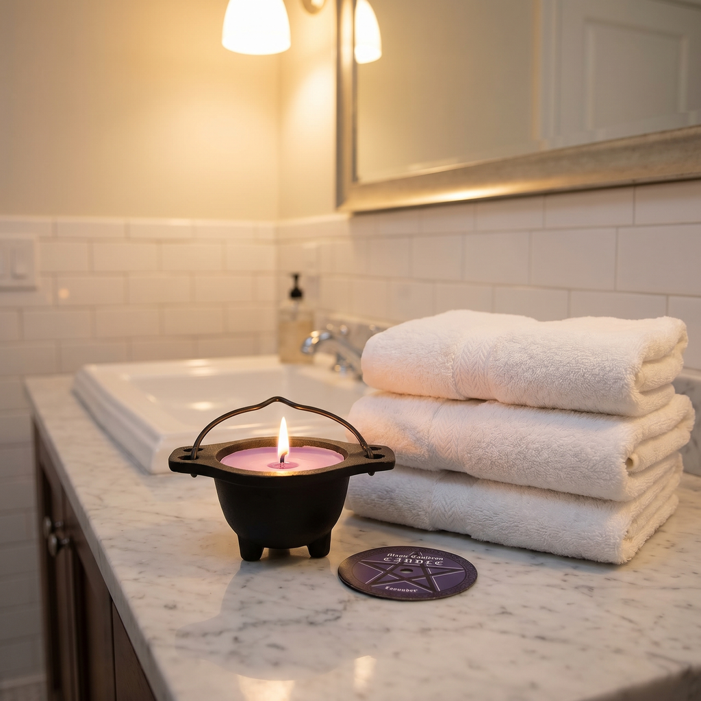 Lavender Cauldron Candle in home setting - Persephone