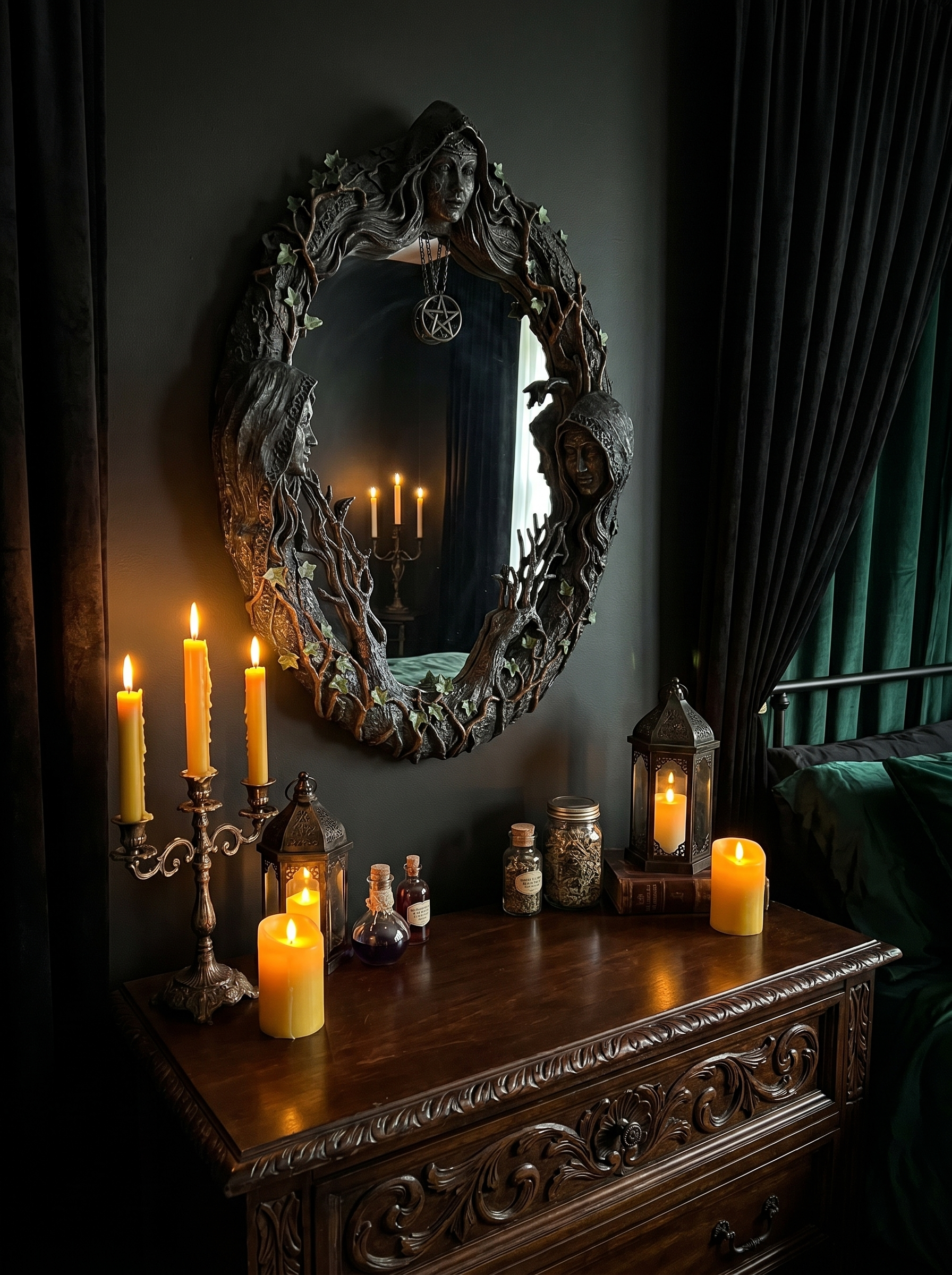 Maiden Mother Crone Mirror in home setting - Persephone