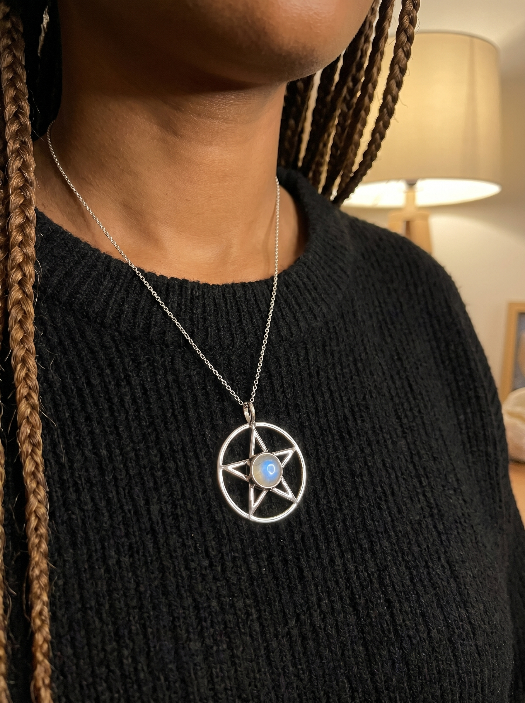 Moonstone Pentagram Sterling Pendant in home setting - Persephone