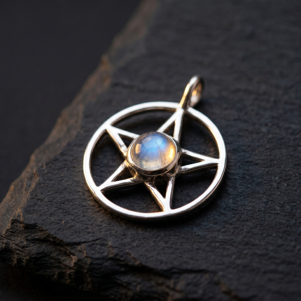Moonstone Pentagram Sterling Pendant - Persephone lifestyle product photo