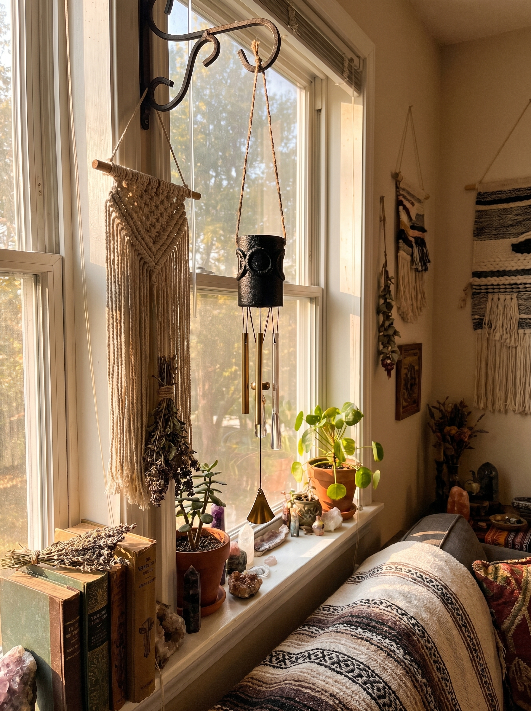 Triple Moon Iron Chime Holder in home setting - Persephone